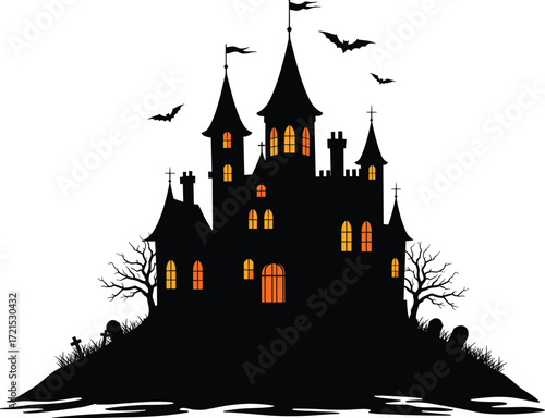 Spooky haunted castle silhouette with glowing orange windows, bats flying, dead trees, graveyard on hill, Halloween theme, creepy atmosphere
