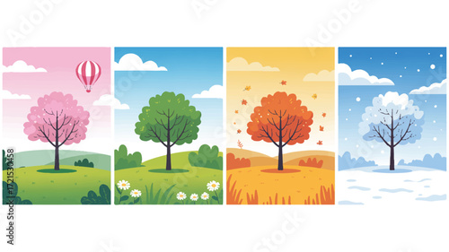 Vector art of four seasons tree illustration with hot air balloon