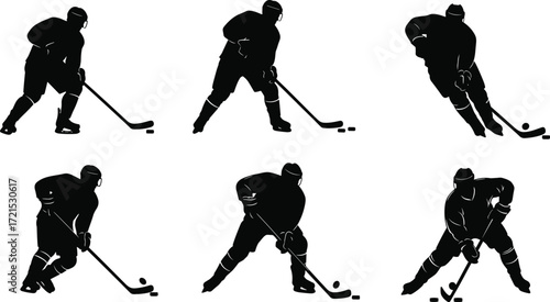 Ice hockey player silhouettes in various attacking and defensive action poses, black and white vector illustrations with sticks and pucks, isolated.