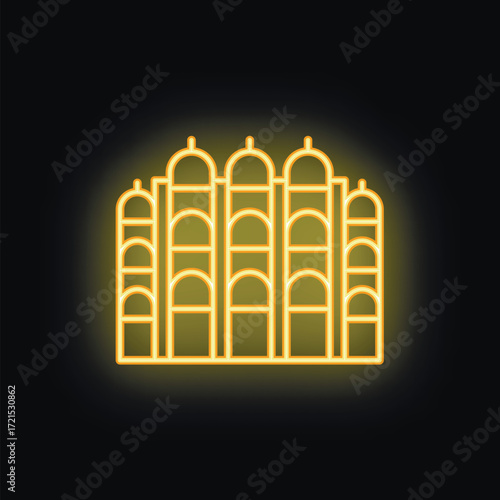 Neon sign illustrating the taj mahal monument in yellow and orange tones on a black background