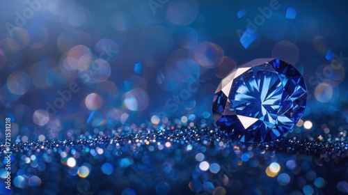 Exquisite sapphire gem sparkles amid a sea of shimmering blue glitter texture