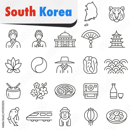 Icons of South Korea  culture, traditions, and modernity. Symbols of Korea.