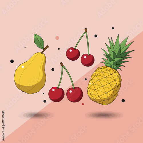 A colorful collection of fresh fruits including a pear, cherries, and a pineapple, presented in a playful vector illustration style