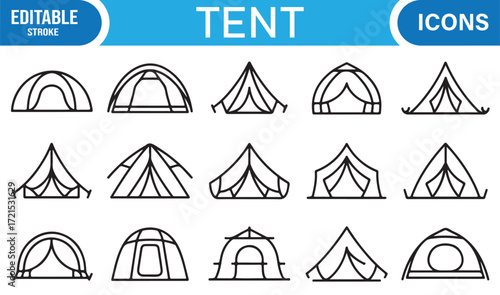 Minimal adventure tent icons set in modern outline illustration style.