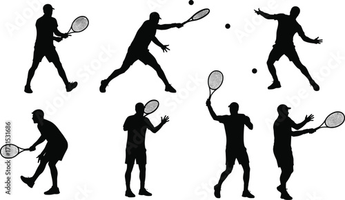 Silhouette of tennis player in dynamic action poses, racket swing, ball impact, sports motion, athletic movement, isolated black figure on white background