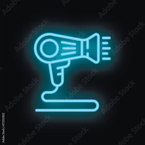 Neon hair dryer blowing hot air, great for beauty salon logo or barbershop signage