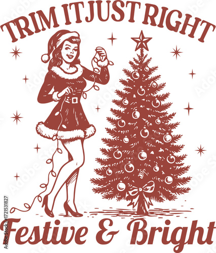 Trim It Just Right Festive & Bright  - Retro Western Christmas Clipart T-shirt, Vintage Funny Western Cowboy, Merry Christmas Winter Season Tshirt Design

