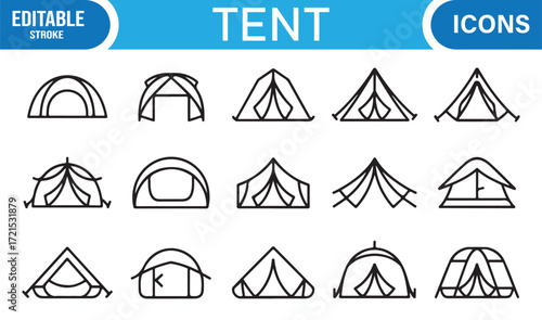 Vector line tent icons for nature, tourism, and recreational activities.