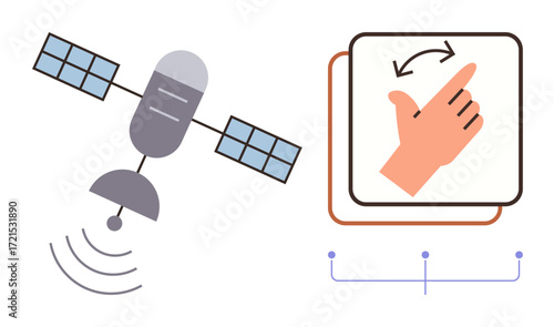 Satellite broadcasting signals paired with a hand gesture indicating swipe action. Depicts technology, communication, interaction, gesture control, network design, automation, and user experience. A