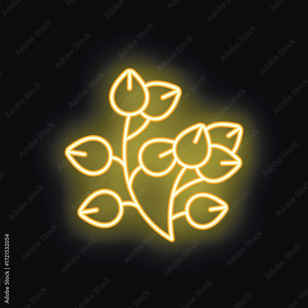 Naklejka premium Yellow glowing neon icon of a branch with leaves and berries, isolated vector illustration on a black background