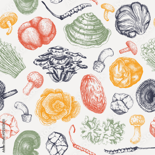 Medicinal mushroom seamless pattern design. Alternative medicine background. Hand drawn vector illustration. Healing fungi sketches. NOT AI generated