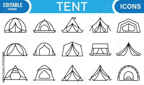 Festival and glamping tent icon collection in simple stroke style.
