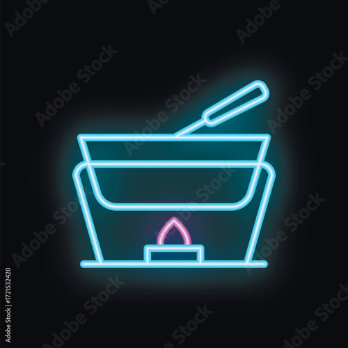 Neon icon of a fondue pot cooking on a burner with a fondue fork dipping food