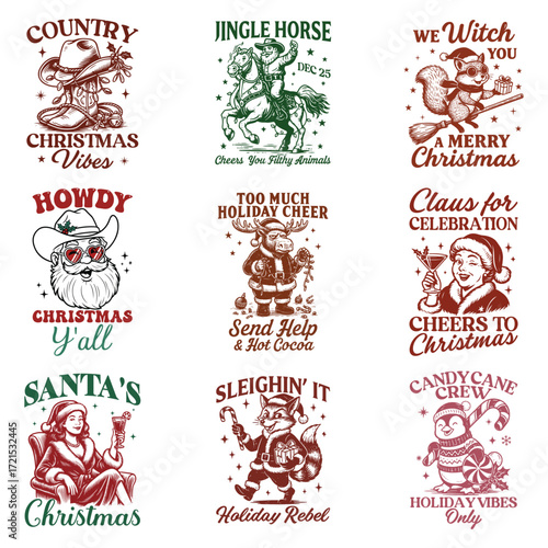 Bundle  Of Retro Vintage Western Christmas Shirt, Traditional Christmas Holiday Season, Trendy Funny Animals Typography Shirt