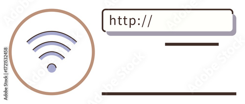 wireless signal in circular frame paired with browser URL bar for online access, connectivity, communication, web navigation. Ideal for technology, digital tools, networking, web, browsing online