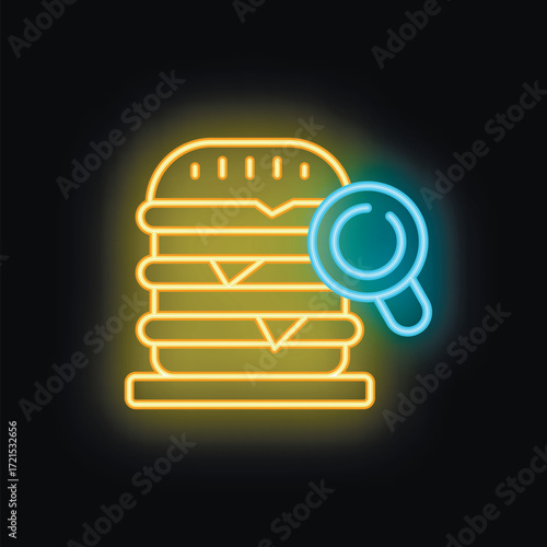 Neon sign showing a magnifying glass inspecting a hamburger, symbolizing food analysis and quality control
