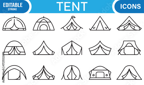 Camping tent icons set in editable line art design for outdoor activities.