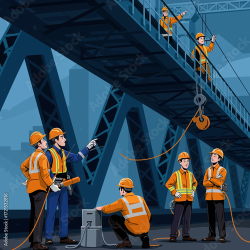 Construction workers collaborating on a large infrastructure project, such as a bridge, with safety equipment and tools