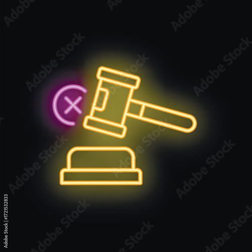 Neon glowing gavel striking down a cross mark symbol representing the concept of law and justice