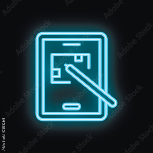 Blue neon sign of a smartphone with stylus pen drawing on screen on black background