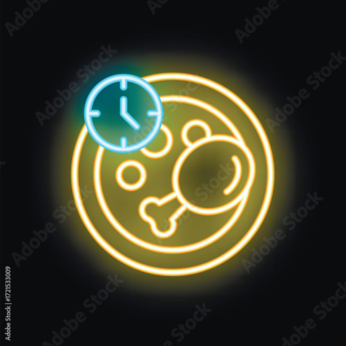 Neon sign illuminating a chicken leg on a plate with a clock, indicating lunchtime