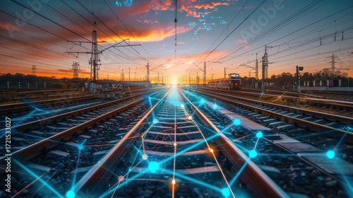 Railroad tracks stretch towards sunset, highlighting connectivity and futuristic transport