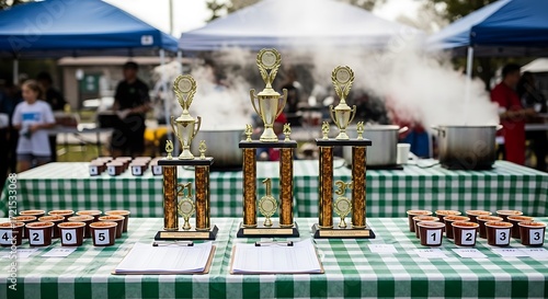 Chili CookOff Trophies and Steam A Culinary Competition Scene.