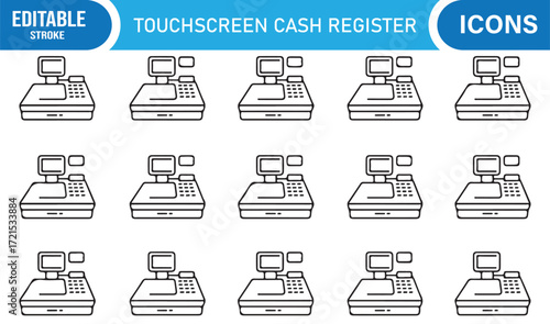 Collection of digital retail cash register icons in minimal stroke style.