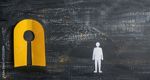 A yellow paper cutout resembling a keyhole stands before a small paper figure, suggesting a threshold or transition.  The dark background emphasizes the contrast