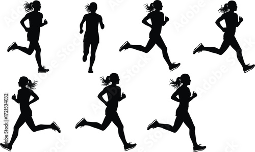 Collection of female runner silhouettes in various jogging and sprinting poses, showcasing different running movements and athletic figures, perfect for sports and fitness themes.
