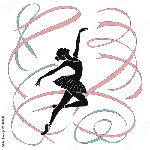 Rhythmic gymnast vector silhouette with teal ribbons