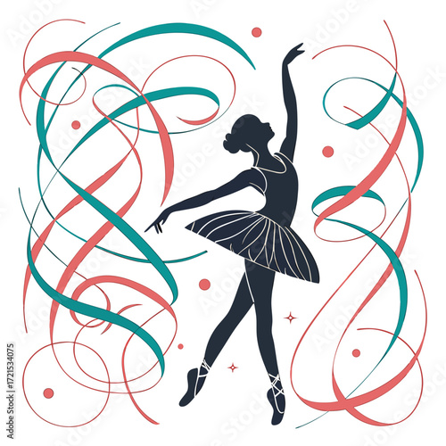 Rhythmic gymnast vector silhouette with teal ribbons