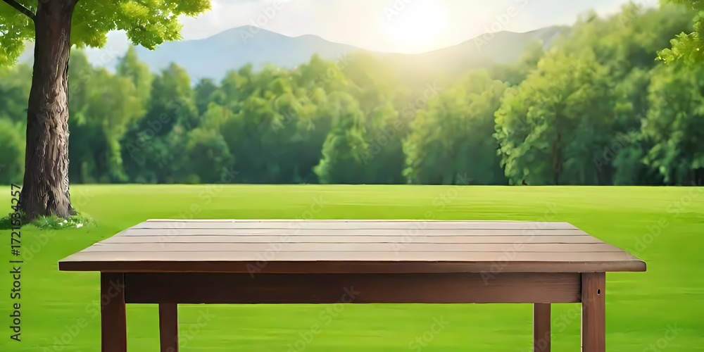Fototapeta premium Wooden table on green grass background outdoor for product design