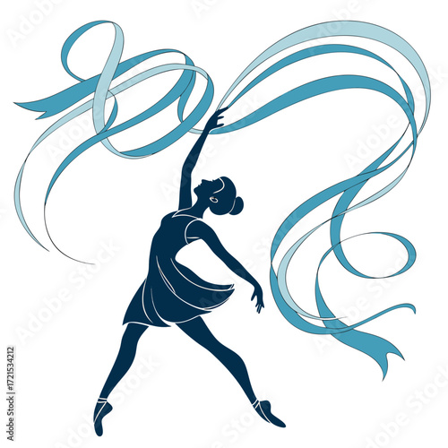 Rhythmic gymnast vector silhouette with teal ribbons