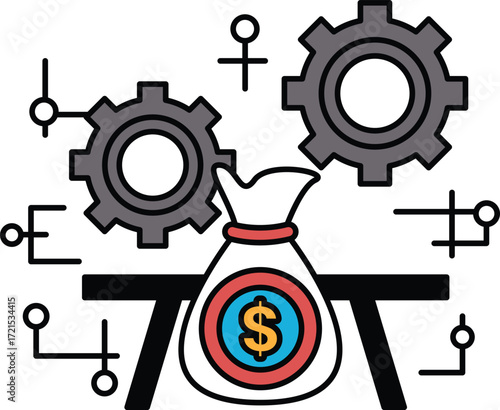 A black and white drawing of a bag of money with a gear on top of it