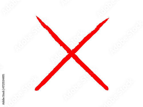 Hand drawn cross icon with red marker pen. Red x sign draw with brush effect. Red cross mark, wrong sign, cancel, rejection sign. Vector illustration.