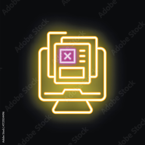 Neon sign depicting a computer monitor showcasing a document or online form with a prominent x mark, symbolizing rejection or an error