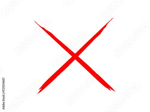Hand drawn cross icon with red marker pen. Red x sign draw with brush effect. Red cross mark, wrong sign, cancel, rejection sign. Vector illustration.