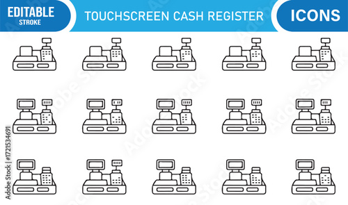 Modern touchscreen cash register icons set for retail point of sale terminals.
