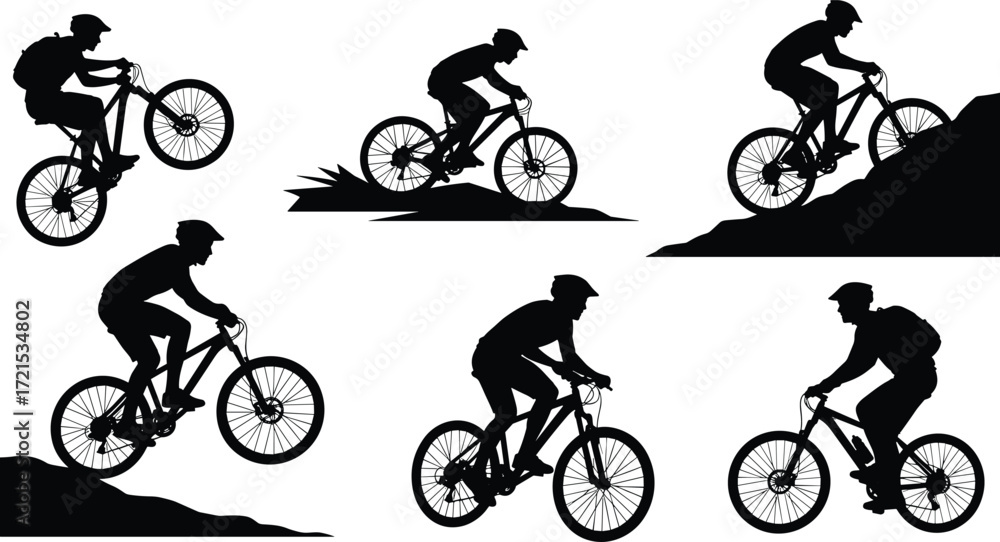 Obraz premium Collection of mountain biker silhouettes in dynamic action poses, showcasing different stunts and terrains, perfect for extreme sports and outdoor adventure themes.v