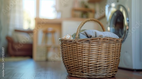 Laundry scene with woven basket filled with clothes near washing machine indoors