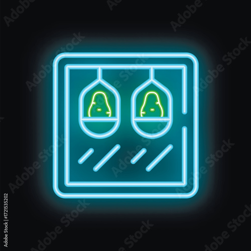 Blue and green neon icon of a cable car moving up a mountain on a black background