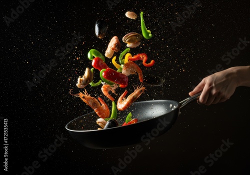 Foto Chef Tossing Shrimp and Vegetables in Pan – Dynamic Cooking Action on Dark Backg