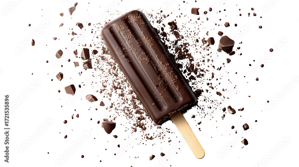 Obraz premium Indulge in the rich, dark chocolate delight of a refreshing ice pop, accented by a scattering of decadent chocolate shards. Isolated On Transparent and White Background