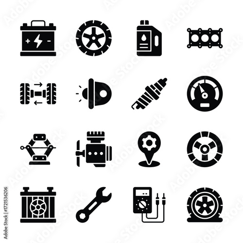 A collection of simple, black line icons depicting various automotive parts and tools.