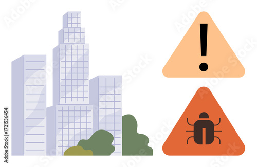 Urban skyscrapers beside warning triangles with exclamation mark and bug icon. Ideal for urban security, software bugs, risk alerts, system safety, cyber threats, caution notifications, simple flat