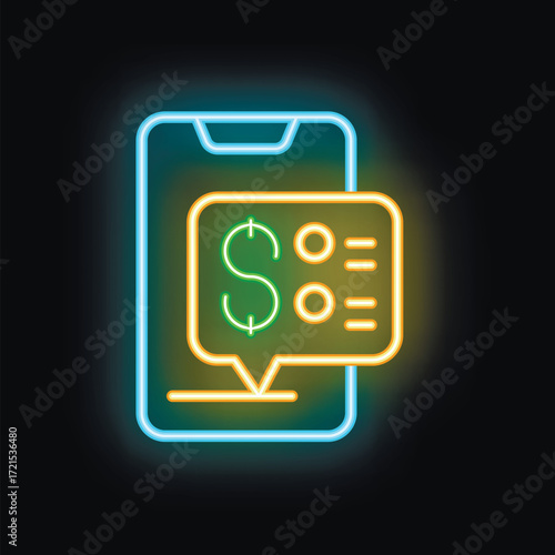 Glowing neon icon of smartphone displaying online payment options with dollar sign and selection menu