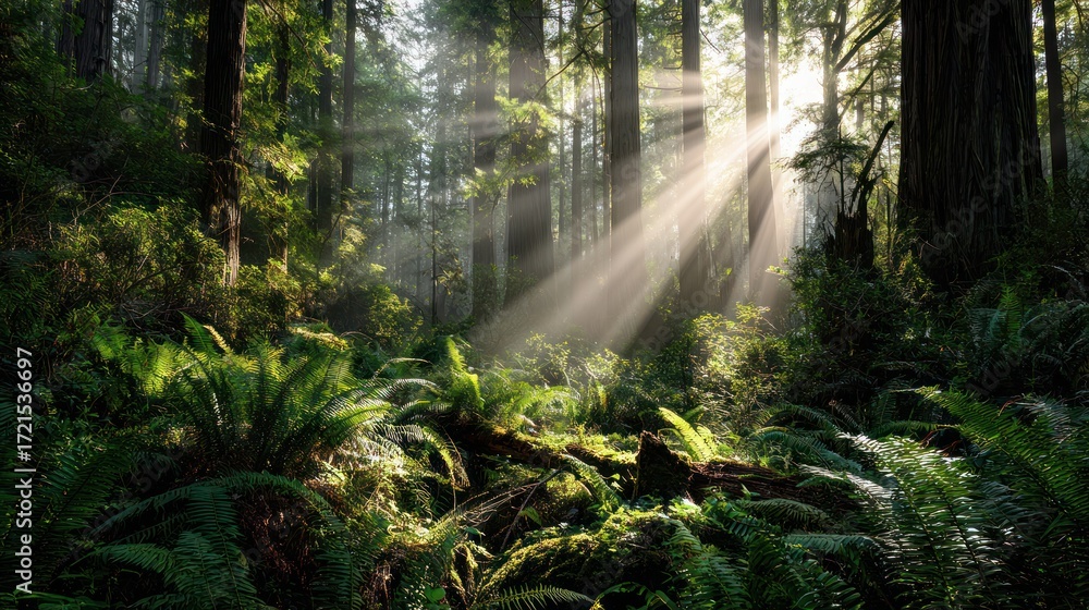 Obraz premium Forest floor covered in ferns bathed in sunlight piercing through the tree canopy