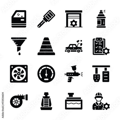 A set of black line icons depicting various automotive repair and maintenance tasks.