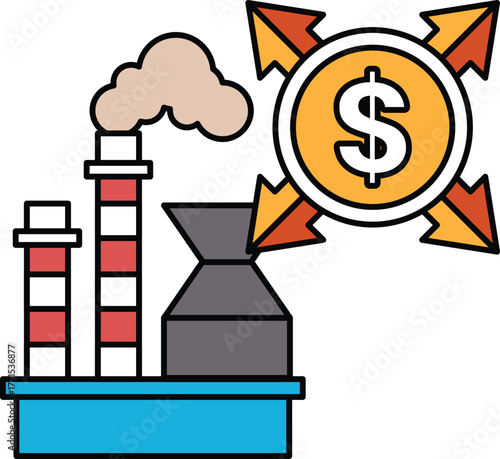 A black and white drawing of a factory with a dollar sign and a dollar bill